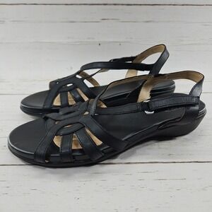 Naturalizer Nalani Womens 8.5W Black Leather Sandals Slingback Wedge Strappy